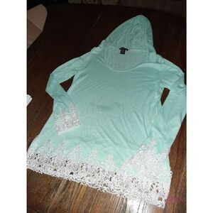 Large Miss Chievous Green White Long Sleeve Lace Trim Pullover Hoodie Shirt Top
